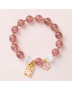 Buddha Stones Lucky Cat Peach Blossoms Charm Strawberry Quartz White Cat's Eye Healing Bracelet - Strawberry Quartz(Wrist Circumference: 14-16cm)