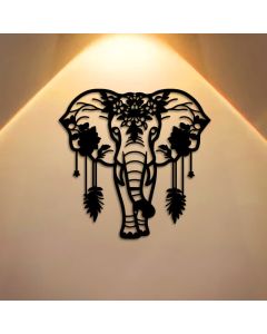 Buddha Stones Lucky Elephant Feather Flower Pattern Iron Metal Wall Decor - Approx. 25cm x 24.70cm x 0.1cm / 9.84in x 9.72in x 0.04in