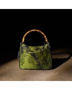 Buddha Stones Lush Bamboo Handle Xiangyunsha Silk Crossbody Bag Hangbags - Goldenrod Bamboo 25*20*7cm
