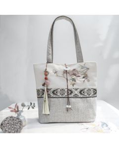 Buddha Stones Magnolia Embroidery Canvas Polyester Shoulder Bag - Magnolia Embroidery