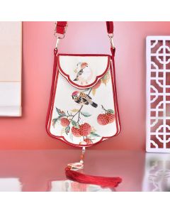 Buddha Stones Magpie Lychee Embroidery Tassel Shoulder Bag Crossbody Bag - Red Magpie Lychee Embroidery 17*21*3cm
