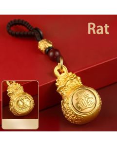 Buddha Stones "Make A Fortune Every Day" Golden Tone Copper Chinese Zodiac Fortune Money Bag Coins Keychains - Rat