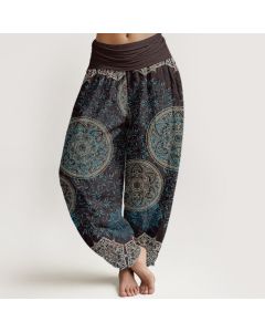 Buddha Stones Cotton Mandala Pattern Leaves Women's Elastic Waist Harem Pants - DimGray / US22，UK/AU26，EU54 (6XL)