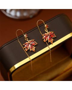 Buddha Stones Maple Leaf Red Zircon Copper Luck Drop Dangle Earrings - Maple Leaf(925 Sterling Silver Posts)