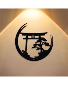 Buddha Stones Matte Black Torii And Pine Metal Meaningful Symbols Wall Art - Approx. 25cm x 25cm x 0.1cm / 9.84in x 9.84in x 0.04in