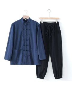 Buddha Stones Meditation Frog-Button Tang Long Sleeve Shirt Pants Men's Suit - DarkBlue Shirt&DarkBlue Pant / US/UK/AU44，EU54 (4XL)