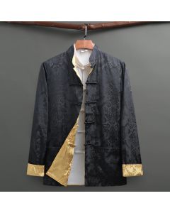 Buddha Stones Men's Frog-Button Tang Suit Koi Fish Pattern Long Sleeve Shirt With Pockets - Olive Green+Yellow / US/UK/AU42，EU52 (3XL)