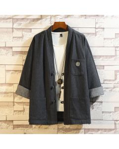 Buddha Stones Men's Frog-Button Tang Suit Three Quarter Sleeve Kimono With Pockets - Black / US/UK/AU46，EU56 (5XL)