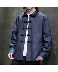 Buddha Stones Men's Frog-Button Cotton Long Sleeve Shirt With Pockets - MidnightBlue / US/UK/AU36，EU46 (L)