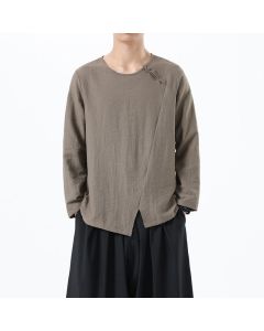 Buddha Stones Men's Long Sleeve Round Collar Comfort Cotton Linen Shirt - Tan / US/UK/AU34，EU44 (M)