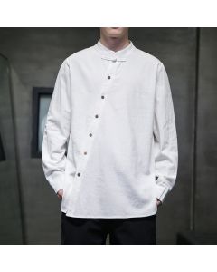 Buddha Stones Men's Long Sleeve Shirt Stand Collar Comfort Cotton Linen Shirt - White / US/UK/AU34，EU44 (M)