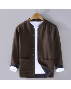 Buddha Stones Men's Stnad Collar Long Sleeve Thermal Fleece-lined Ramie Jacket With Pockets - Beige / US/UK/AU40，EU50 (2XL)