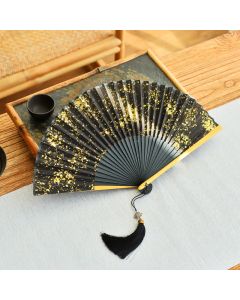 Buddha Stones Midnight Speckle Bamboo Chinese Knotting Tassel Folding Fan - Gold Splatter(Complimentary Tassel) / Closed Size: Approx. 21 cm / 8.3 in