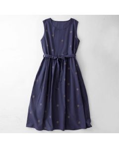 Buddha Stones MidnightBlue Printing Lace-Up Design Sleeveless Midi Dress With Pockets - MidnightBlue / US8-10，UK/AU12-14，EU40-42 (2XL)