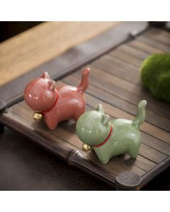 Buddha Stones Mini Cute Lucky Bell Cat Tea Pet Ceramic Home Desk Figurine Decoration - Lucky Cat Gray 7*3.4*5.8cm
