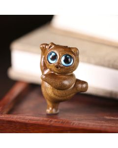 Buddha Stones Mini Green Sandalwood Dancing Cat Engraved Positive Desk Decorations - 3.7*2.5*2.1cm
