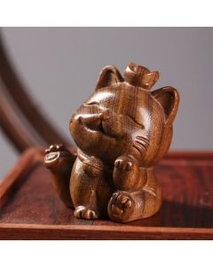 Buddha Stones Mini Green Sandalwood Ingot Lucky Cat Carved Peace Desk Decorations - 5cm