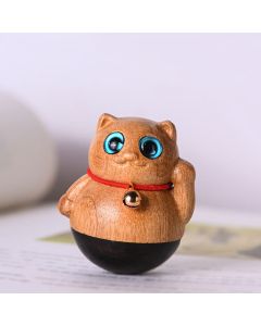 Buddha Stones Mini Lucky Cat Kitten Phoebe Zhennan Wood Blessing Decoration - 3.5*4.4cm