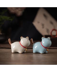 Buddha Stones Mini Lucky Cute Standing Cat Red Rope Bell Ceramic Figurine Decoration - Dark Blue(7.6*3.9*5.6cm)
