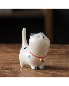 Buddha Stones Mini Lucky White Cat Kitten Tea Pet Ceramic Home Desk Figurine Decoration - White Kitten(Blue Bow Style) 8.9cm*3.7cm*7.6cm