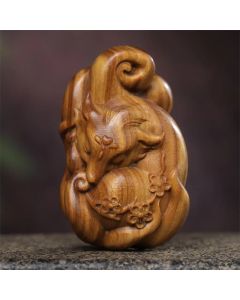 Buddha Stones Mini Nine Tailed Fox Green Sandalwood Peace Decoration Car Hanging Decoration - Large Green Sandalwood Nine-Tailed Fox With Bead Chain Car Hanging Decoration 6.8*4.1*2.9cm