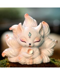 Buddha Stones Mini Nine Tailed Fox Luck Resin Home Desk Decoration - Ivory Fruit Fox 7.5*5.5*7.5cm