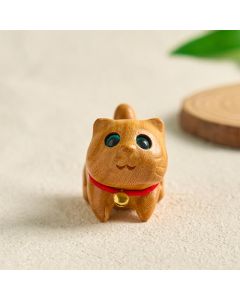Buddha Stones Mini Sandalwood Carved Lucky Confident Cat Healing Decoration - 3.94*2.76*2.17 in (10*7*5.5 cm)