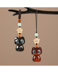 Buddha Stones Mini Small Leaf Red Sandalwood Ebony Wood Lucky Cat Lovely Kitty Peace Key Chain Phone Hanging Decoration - Phone Hanging Decoration / Small Leaf Red Sandalwood Cat