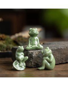Buddha Stones Mini Small Meditation Lotus Resting Frog Ceramic Wealth Luck Home Tea Pet Figurine Decoration - Resting Little Frog 4.5*3.2*5.7cm