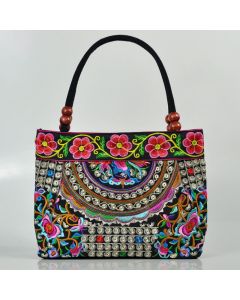 Buddha Stones Money Tree Peony Phoenix Apple Blossom Double-Sided Embroidery Cotton Canvas Shopping Purse Handbag - Blue White Peony