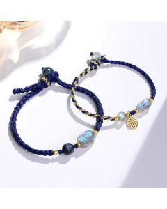 Buddha Stones Moonstone PiXiu Blue Tiger Eye Fu Character Healing Couple String Bracelet - Blue&Blue Gold Fu Character