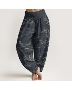 Buddha Stones Cotton Mountain Moon Auspicious Clouds Pattern Women's Elastic Waist Harem Pants - LightSlateGray / US18，UK/AU22，EU50 (4XL)