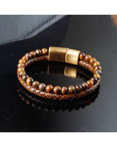 Buddha Stones Multi-layer Woven Tiger Eye Stone Beads Leather Titanium Steel Strength Buckle Bracelet - Tiger Eye(Wrist Circumference: 19-20cm)
