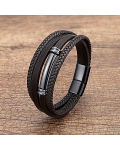 Buddha Stones Multi-layered Simple Design Leather Titanium Steel Balance Bracelet - Black&Silver / 18-22cm