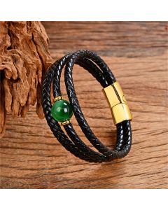 Buddha Stones Multicolored Bead Green Tiger Eye Amethyst Craved Six True Words Leather Balance Bracelet - Yellow Agate / 18-22cm
