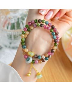 Buddha Stones Multicolored Tourmaline Gourd Wisdom Double Wrap Lily Of The Valley Charm Bracelet - Tourmaline(Positive♥Love)(Wrist Circumference 14-16cm)Double Wrap