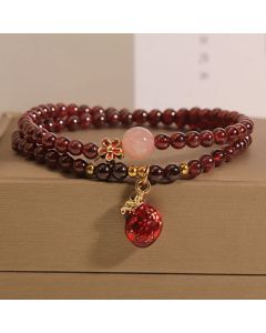 Buddha Stones Natural 3mm Ultra-thin Garnet Rose Quartz Beads Money Bag Bell Flower Protection Bracelet - Garnet Bell(Wrist Circumference: 14-15cm)