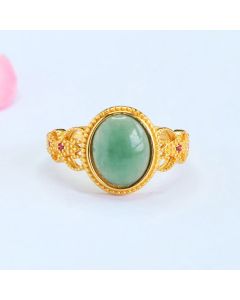 Buddha Stones Natural 925 Sterling Silver Plated Gold Hollow Design Jade Luck Ring - Jade