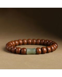 Buddha Stones Natural Abelia Biflora Wood Hetian Jade Bamboo Bead Warding Off Evil Spirits Bracelet - 8*10mm Abelia Biflora Wood&Hetian Jade Bead / 18cm