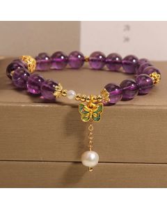 Buddha Stones Natural Amethyst Amber Green Butterfly Healing Bracelet - Amethyst & Amber Green Butterfly(Wrist Circumference: 15-17cm)