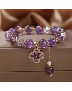 Buddha Stones Natural Amethyst Crystal Four Leaf Clover Spiritual Healing Bracelet - Amethyst(Spiritual Awareness♥Inner Peace)