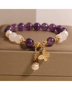 Buddha Stones Natural Amethyst Pearl Crystal Spiritual Healing Butterfly Charm Bracelet - Amethyst(Wrist Circumference 14-16cm)