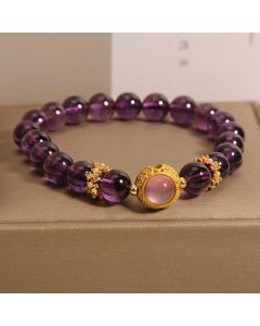 Buddha Stones Natural Amethyst Strawberry Quartz Beads Healing Bracelet - Amethyst & Strawberry Quartz(Wrist Circumference: 15-17cm)