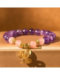 Buddha Stones Natural Amethyst Strawberry Quartz Crystal Healing Butterfly Charm Bracelet - Amethyst(Wrist Circumference: 14-17cm)