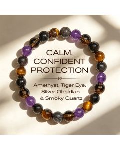 Buddha Stones Natural Amethyst Tiger Eye Black Obsidian Smoky Quartz Healing Bracelet - 14-16cm
