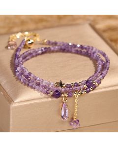 Buddha Stones Natural Amethyst Water Drop Star Meditation Triple Wrap Bracelet - Amethyst(Wrist Circumference:15-16cm)