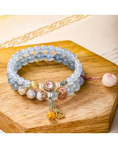 Buddha Stones Blue Chalcedony Fu Character Cat Paw Healing Bracelet - Fu Character(Wrist Circumference: 14-15cm)