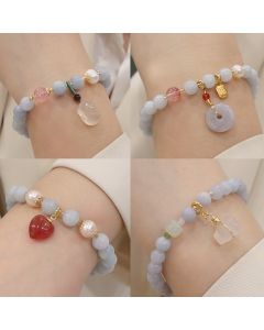 Buddha Stones Natural Aquamarine Chalcedony Serenity Rabbit Gourd Cat Charm Bracelet - Aquamarine Peace Buckle Fu Character