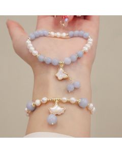 Buddha Stones Natural Aquamarine Pearl Healing Ginkgo Leaf Butterfly Charm Bracelet - Pearl Aquamarine Butterfly(Wrist Circumference 12-14cm)