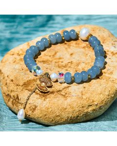Buddha Stones Natural Aquamarine Pearl Shell Healing Bead Bracelet - Aquamarine(Wrist Circumference: 15-16cm)